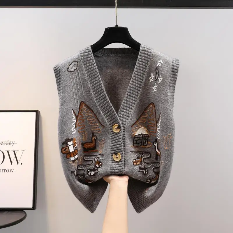 

Корейский Стильный свитер без рукавов 2023, винтажный Повседневный Свободный жилет, осенний стиль, вязаный весенний женский кардиган с V-образным вырезом, пальто
