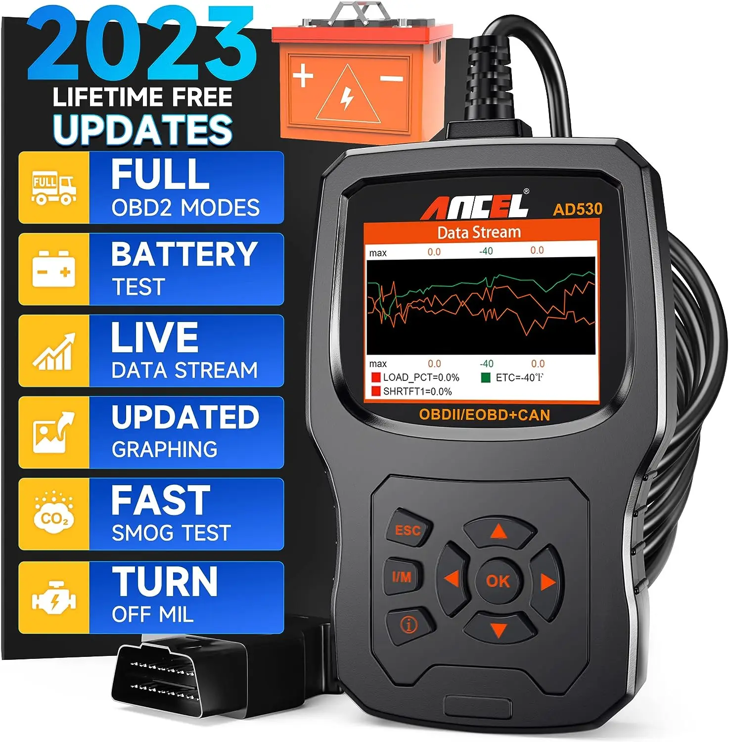 

AD310) AD530 OBD2 Scanner Diagnostic Tool with Battery Test Car Engine Fault Code Reader Scan Tool, All OBD2 Function Enhanced