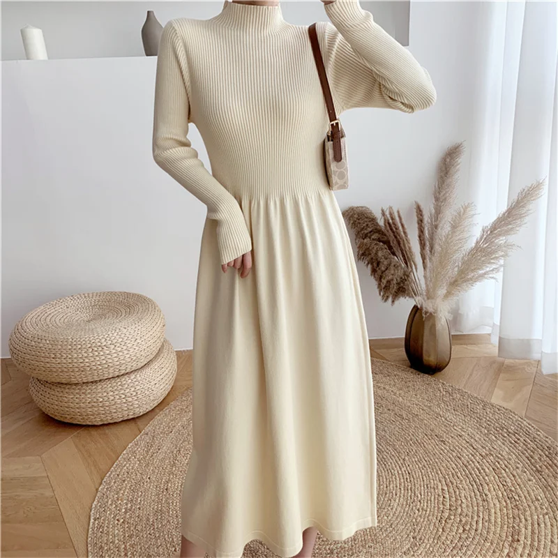 

Winter Simple A-line Knitted Pullover Dress Women Casual Elegant Turtleneck Warm Sweater Dresses Female Solid Dress Vestidos