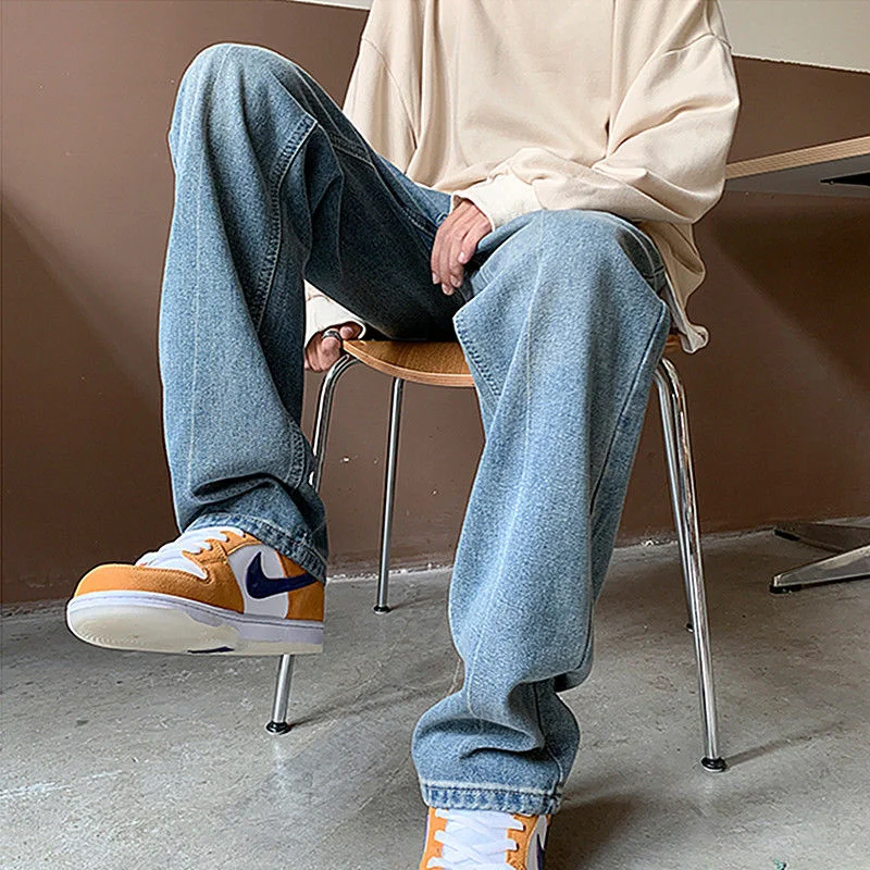 Autumn Blue Baggy Jeans Men Fashion Casual Straight Jeans Streetwear Men Korean Style Loose Wide Legs Denim Pants Mens Trousers