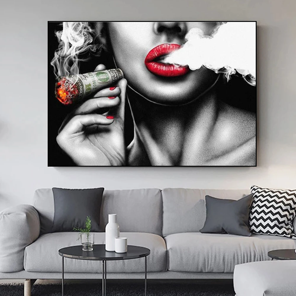 Cool Smoking Drinking Girl Canvas Painting Modern Street Wal
