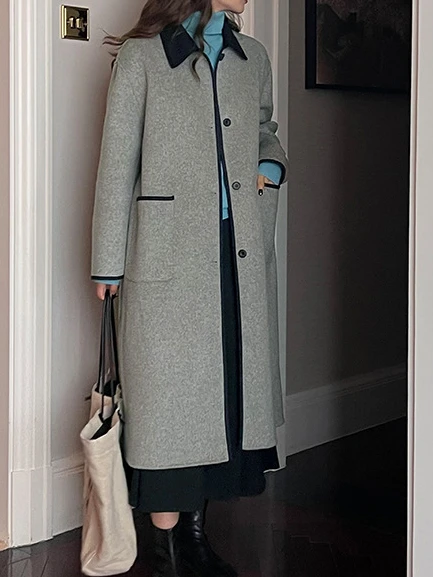 

Зимнее однобортное длинное серое шерстяное пальто для студентов, женское корейское пальто из 100% шерсти, Женская кашемировая куртка, Женска...