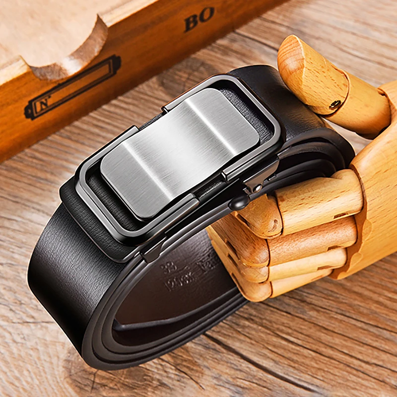 

Новый товар, мужской кожаный ремень без зубцов с автоматической пряжкой, ремень из воловьей кожи, мужской деловой Повседневный ремень, роск...