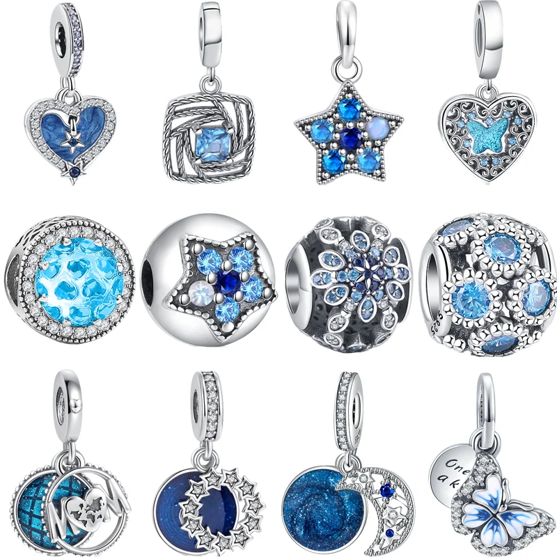 

Новые Круглые бусины из серебра 925 пробы, небесно-голубые звезды, луна, бабочки, оригинальные шармы-браслеты Pandora, ювелирные изделия