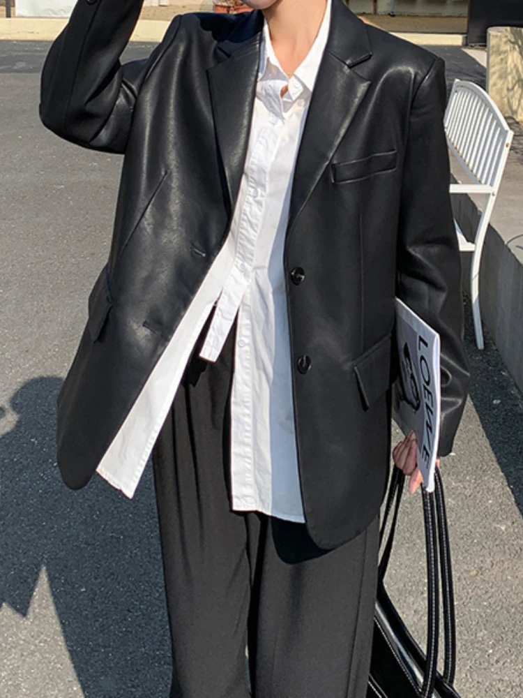 Black Leather Suit Jacket Womens 2023 Spring and Autumn New PU Leather High-end Sense Fried Street Loose Temperament Casual Suit