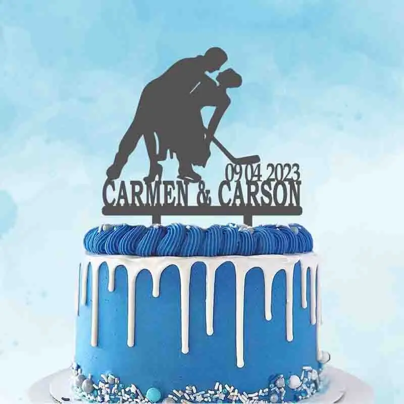

Personalized Ice Hockey Cake Topper Custom Name Date Bride & Groom Playing Ice Hockey Silhouette Wedding Cake Decoration Topper