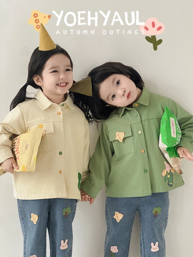 Женская простая рубашка с отворотом и мультяшным принтом вышивкой милая