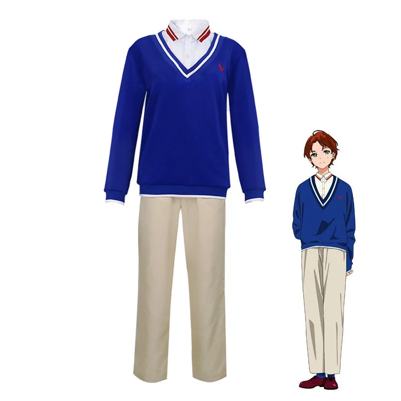 

Anime WONDER EGG PRIORITY Cosplay Costume Sawaki Momoe Uniform Suit Campus Style Blue Knitted Top