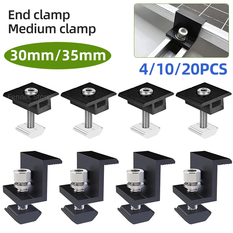 

30mm/35mm Solar Modules Fixing PV Bracket End Clamp Middle Clamp 4/10/20pcs Mounting Rail PV Solar Panel Mount Accessories