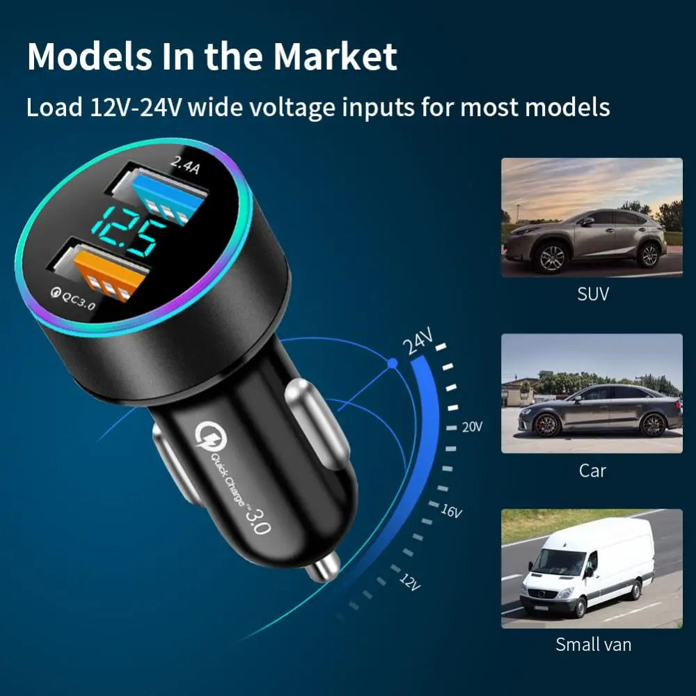 car charger dual usb qc 3 0 adapter cigarette lighter led voltmeter for samsung huawei iphone 11 8 plus smart dual usb charging free global shipping