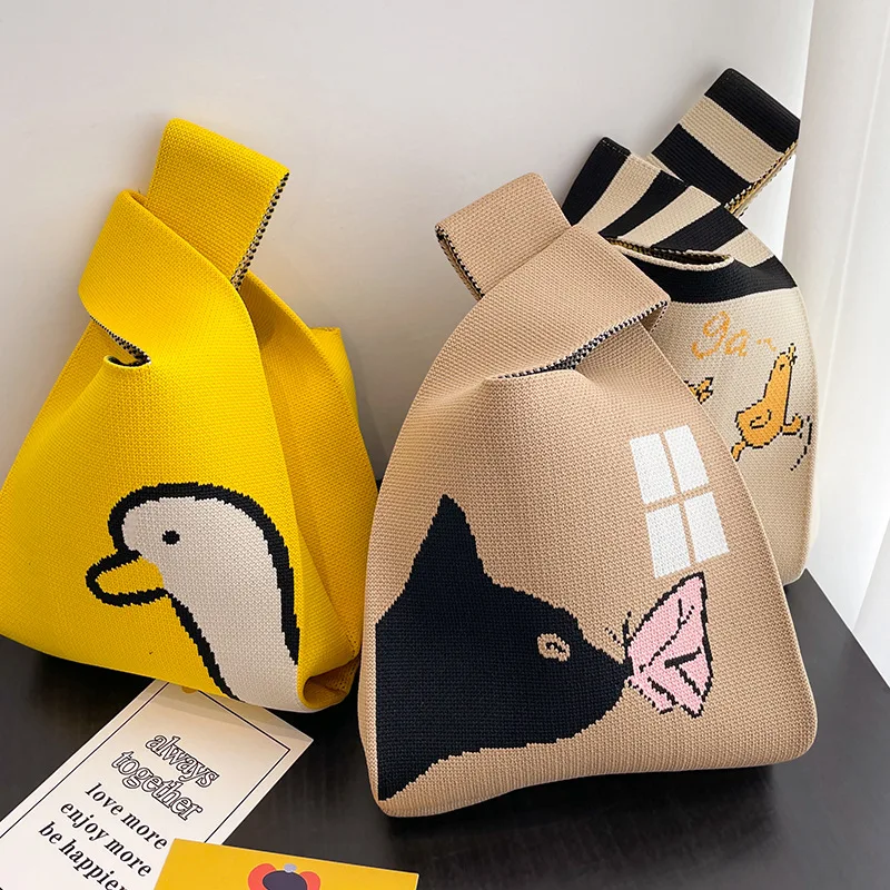 Cartoon Knit Handbags for Women Japanese Mini Wrist Bag Female Casual Wide Stripe Plaid Tote Bag Student Reusable Shopping Bags
