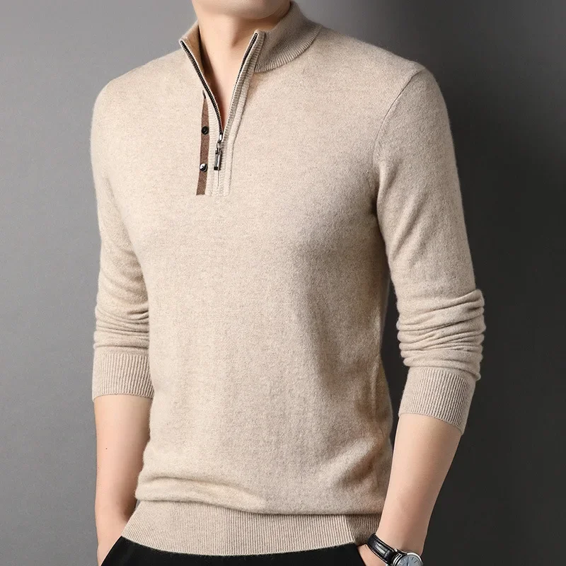 Толстый мужской свитер из 100% кашемира на молнии с полувысоким воротником теплый