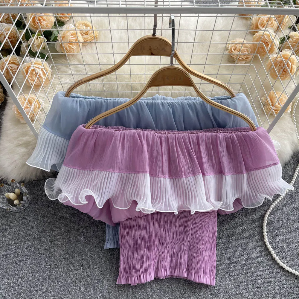 

Sweet Off Shoulder Patchwork Contrast Lace Shirt Summer Women New Fashion Slash Neck Chiffon Short Tops Blouse Mujer F447