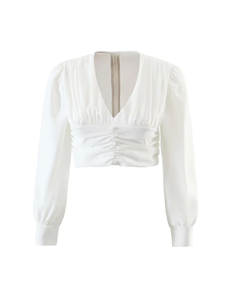 

Women Long Sleeve V-neck White Blouses Fashion Shirring Ruched Crop Top 2022 Ladies Shirts blusas mujer