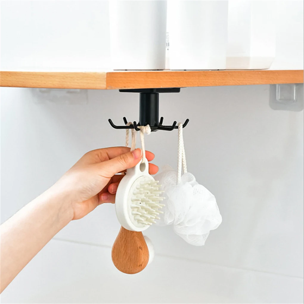 

Kitchen 6 Hooks Hanging Rack 360 Degrees Rotatable Hook Self-adhesive Punch-free Multi-purpose Hangers Household Shelf