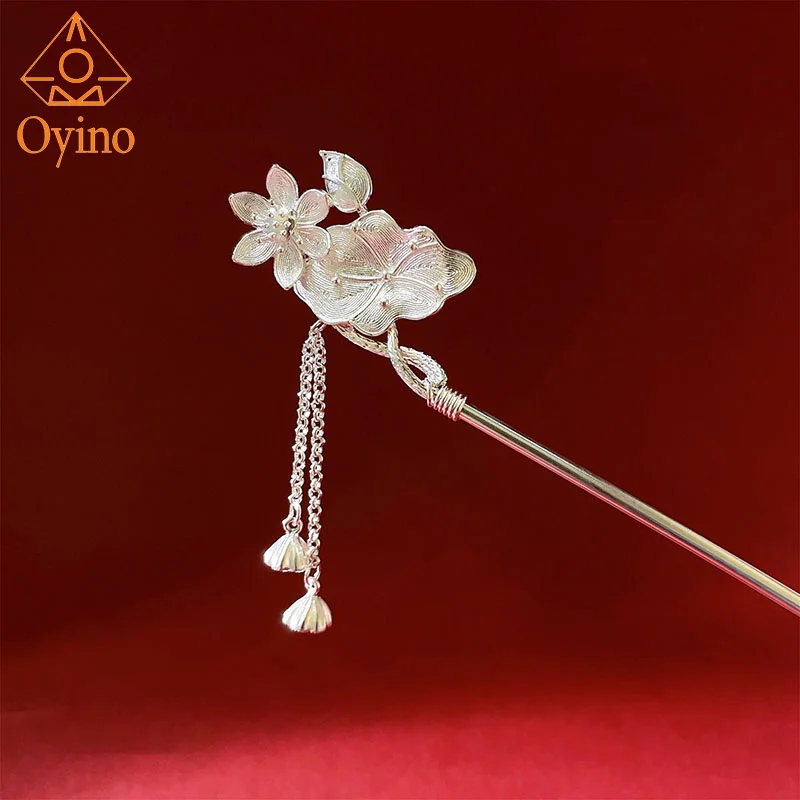 

Oyino NEW Silver 990 Ancient Lotus Leaf Lotus Flower Tassel Lotus Flower Step Vintage Chinese Style Hairpin