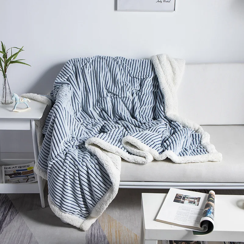 

Thicken Soft Flannel Throw Blankets Striped print double layer Bedspread Quilt Sofa Blanket Bed Cover Portable Travel blankets