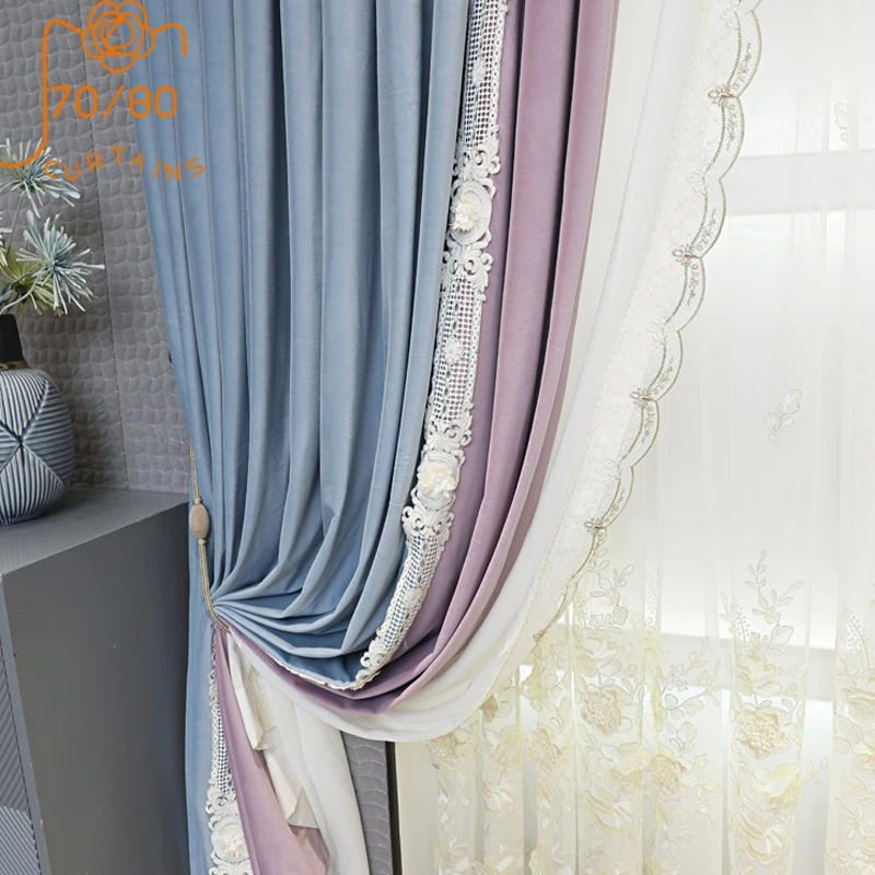 2022 French Romantic Lace Purple Flannel Stitching Blackout Curtains for Living Room Bedroom Custom Finished Product