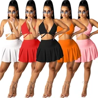 zh8528 womens sexy two piece summer solid color strapless backless bikini top short skirt sports suit womens nightclub