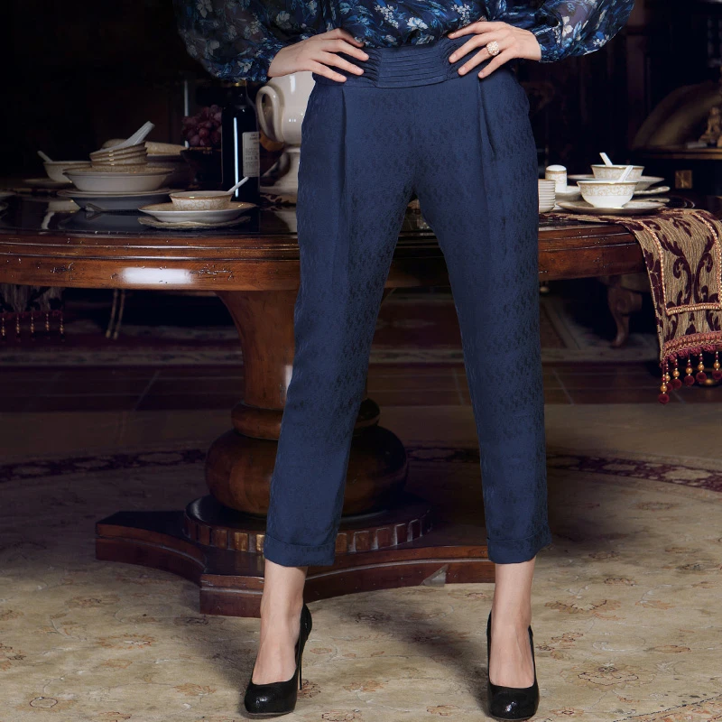 

Denim Blue Jacquard Silk Wide Waist Accordion Pleated Curling Narrow Foot Y-shaped Tapered Pants Modified Leg Shape KS157
