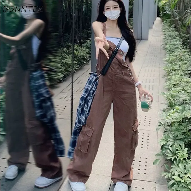 

Denim Jumpsuits Women Wide Leg Vintage High Waist Brown BF Streetwear Harajuku Y2k Designed Summer New Arrivals Fashion Ins Chic
