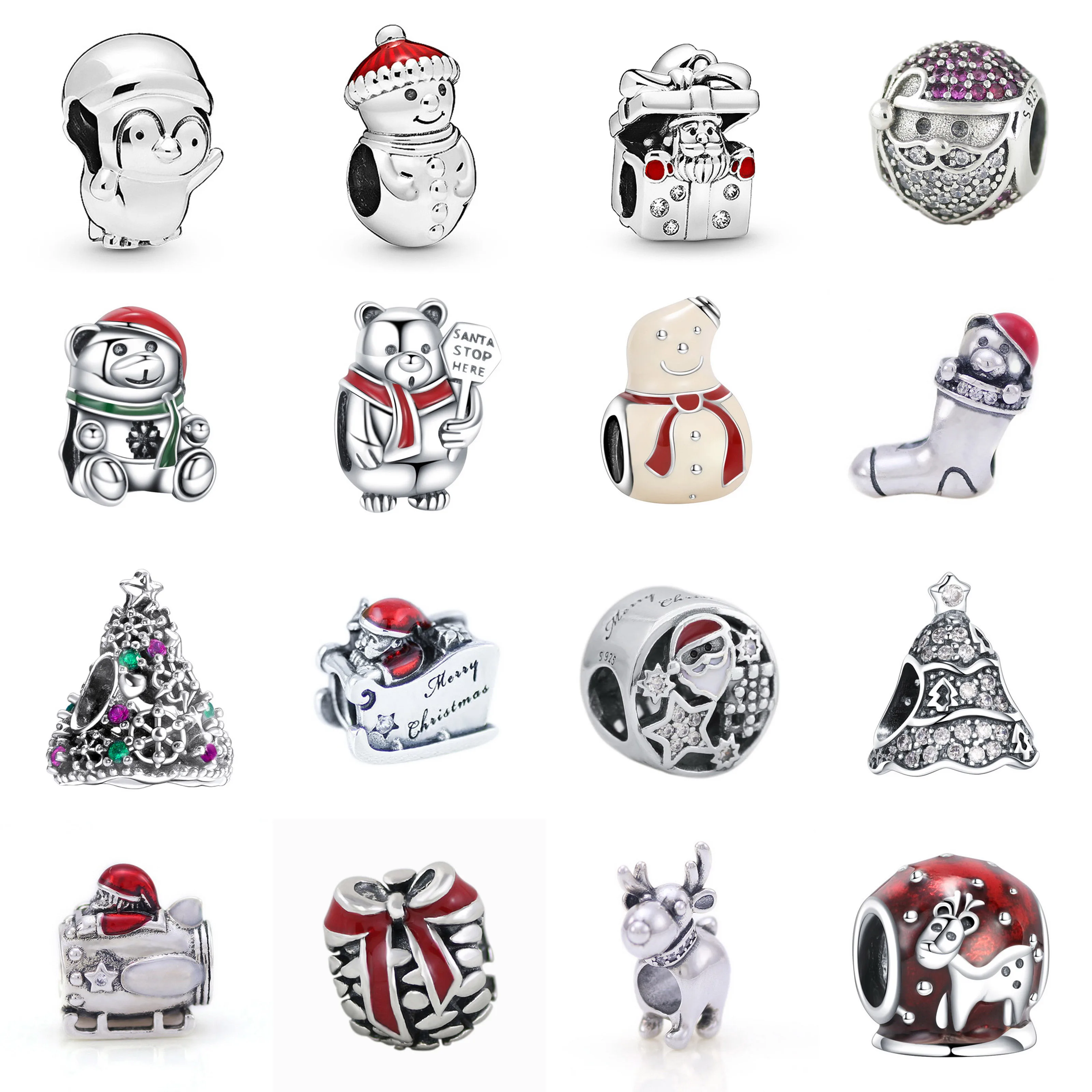 

Top Quality S925 Silver Bead Christmas Tree Present Santa Sleigh House Horse Snowman Charm Fit Women Bracelet Bangle DIY Jewelry