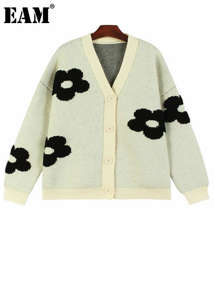 

[EAM] Apricot Jacquard Big Sie Knitting Cardigan Sweater V-Neck Long Sleeve Women New Fashion Tide Spring Autumn 2023 1DH2746