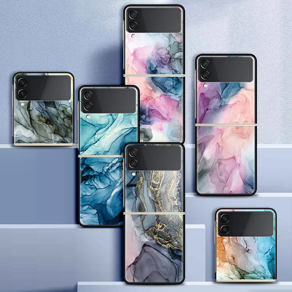 

Watercolor Marble Pattern Funda Case For Samsung Galaxy Z Flip 3 5G Luxury ZFlip3 Black PC Hard Shockproof Back Phone Coque
