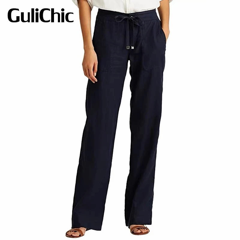 6.24 GuliChic Women Temperament Solid Color Drawstring Button Pocket Decoration Linen Wide Leg Pants