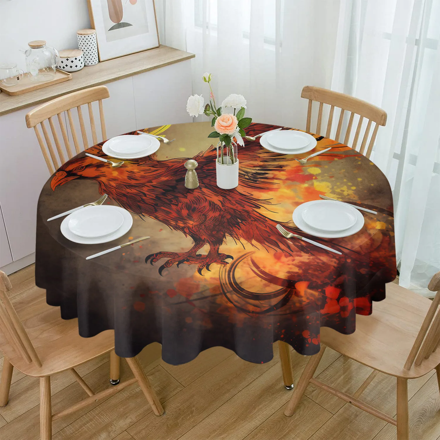 

Bird Flame Feather Round Tablecloth Party Kitchen Dinner Table Cover Holiday Decor Waterproof Tablecloths