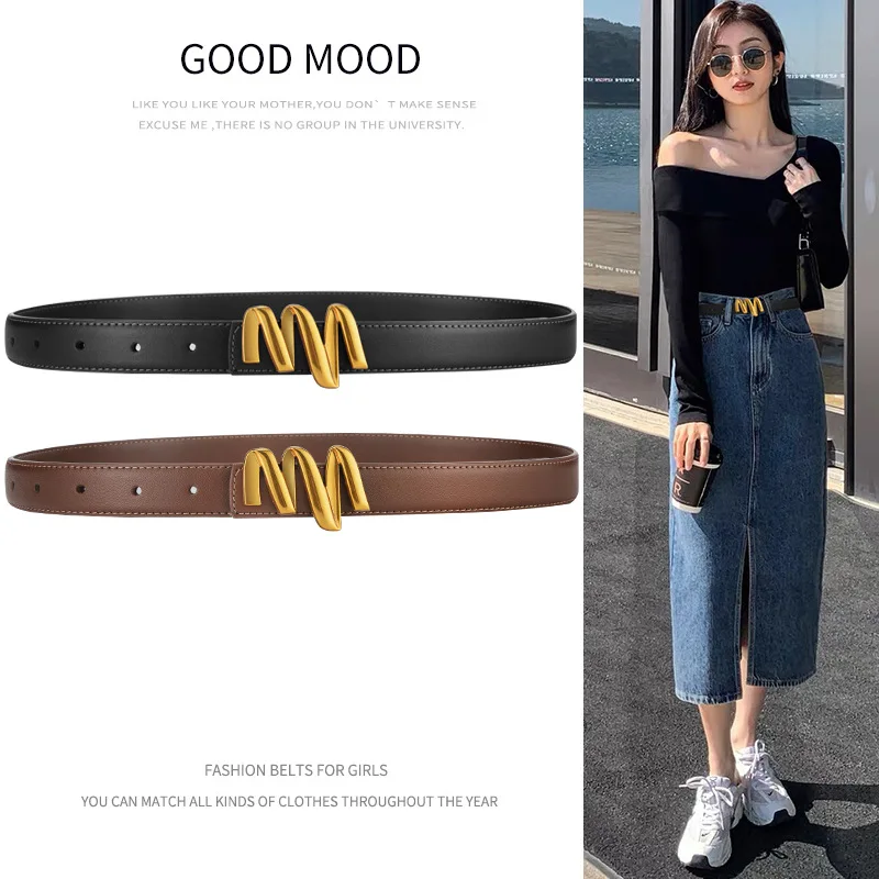 

2022 New Ladies Trend M Letter Alloy Smooth Buckle Real Leather Belt Versatile Casual Jeans Skirt Decorated Luxury Belt
