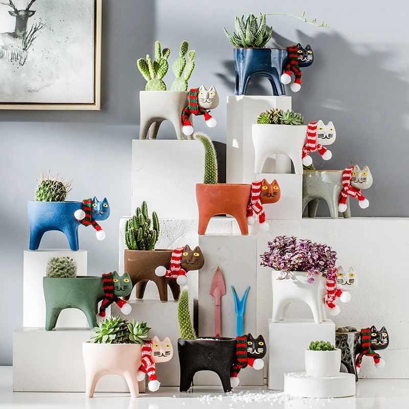 

Home Gardening Decoration Animal Flower Pot Modern Mini Cartoon Cat Figurine Succulent Planter Office Desktop Decoration Crafts