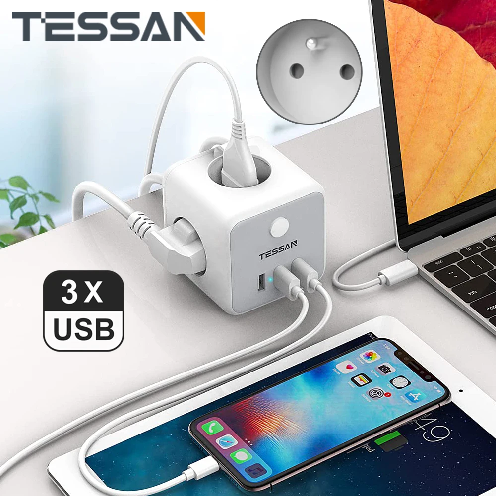 

TESSAN FR Power Strip Cube with 3 AC Outlet 3 USB Port 1.5M Extension Cabe Multi Socket Power Adapter with Switch for Home