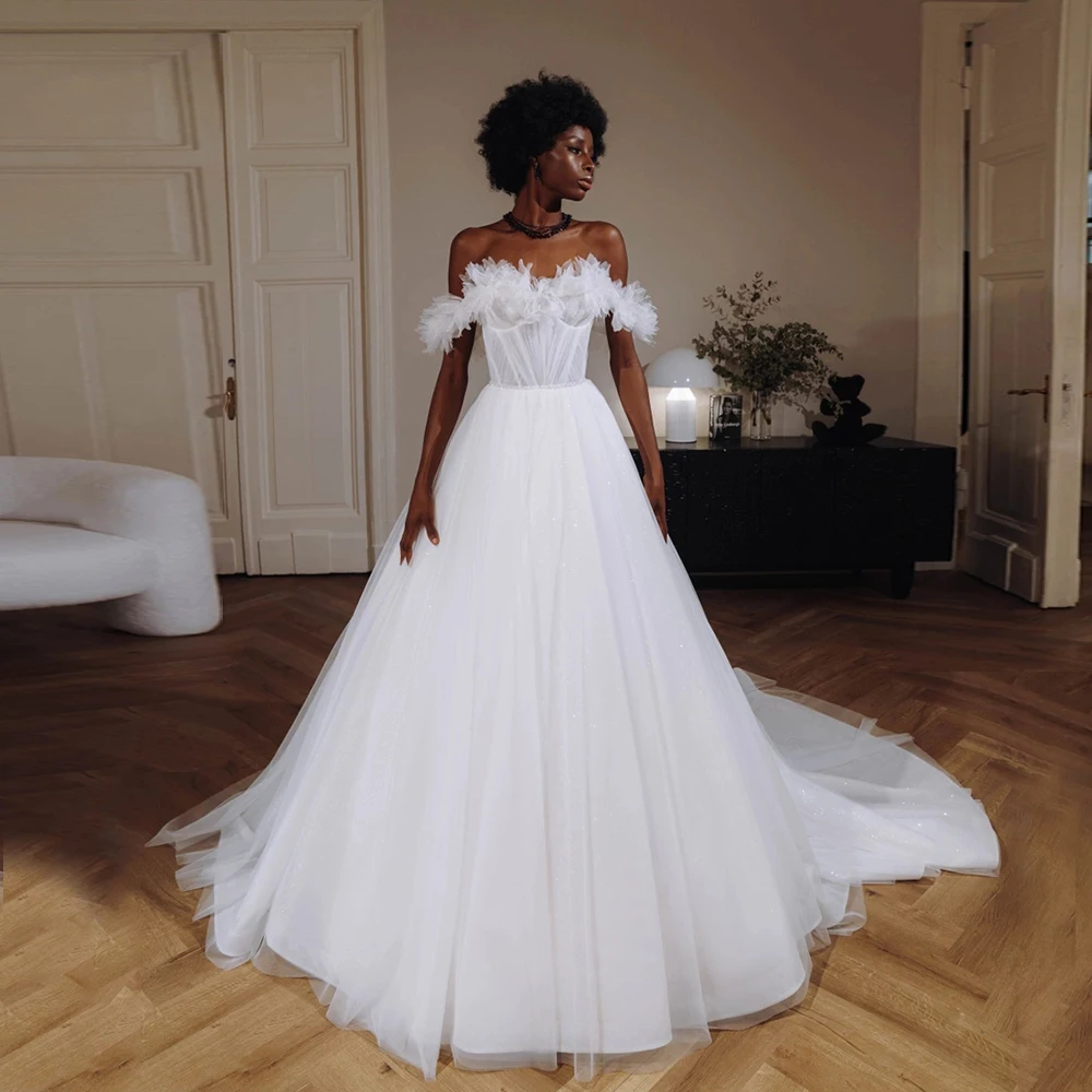 

Boat Neck Ruffles White Bridal Gown A Line Sleeveless Strapless Wedding Dresses Custom Size Tulle Vintage Свадебное платье