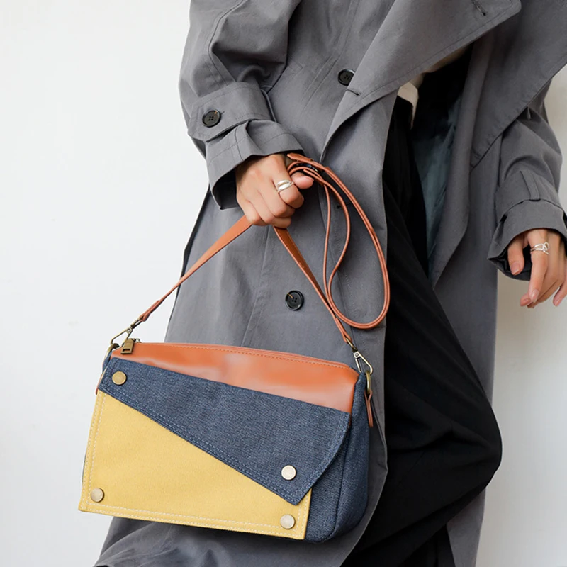 Contrast Color Fashion Women Crossbody Bags Denim Leather Splice Single Shoulder Messenger Bag Commuting Tote Satchel Versatile