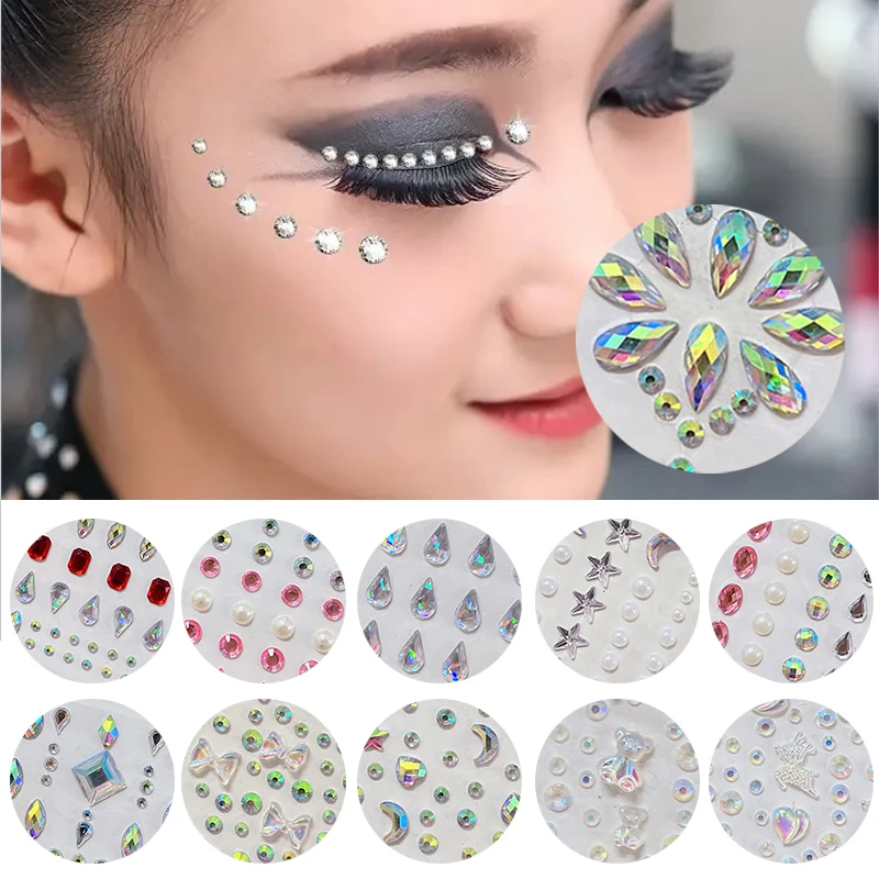 

2022 3D Pearl Crystal Face Jewels Fashion Women Tattoo Diamond Makeup Eyeliner Eyeshadow Sticker Festival Face Eyes Sticker