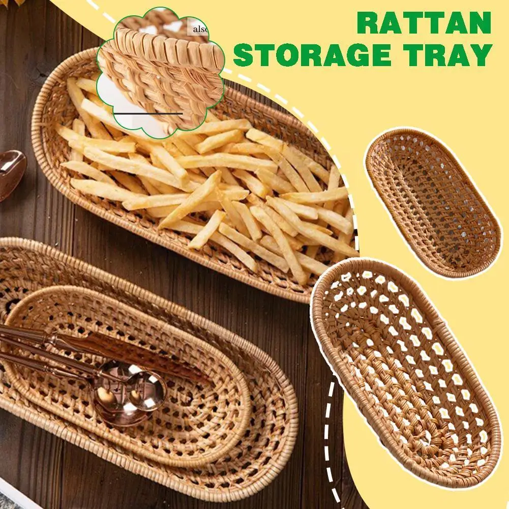 

Oval Rattan Woven Storage Basket Bread Fruit Food Storage And Breakfast Display Knife Fork Tray Home Box Decoration Baskets G2W5