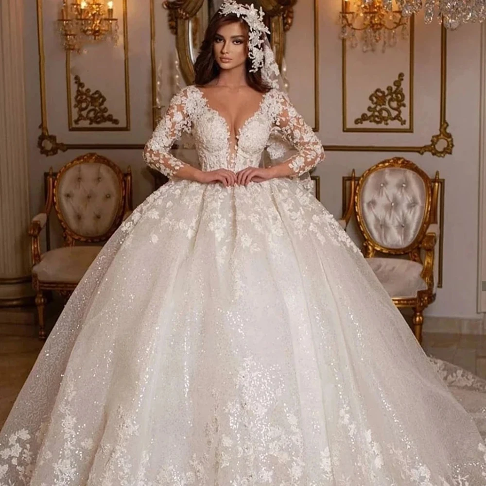 Piuttosto A Maniche Lunghe In Pizzo Profondo Scollo A V 2023 Nuovo Abito Bianco Abiti Da Sposa Lunghi Abiti Da Sposa Principessa Tulle Eleganti Abiti 