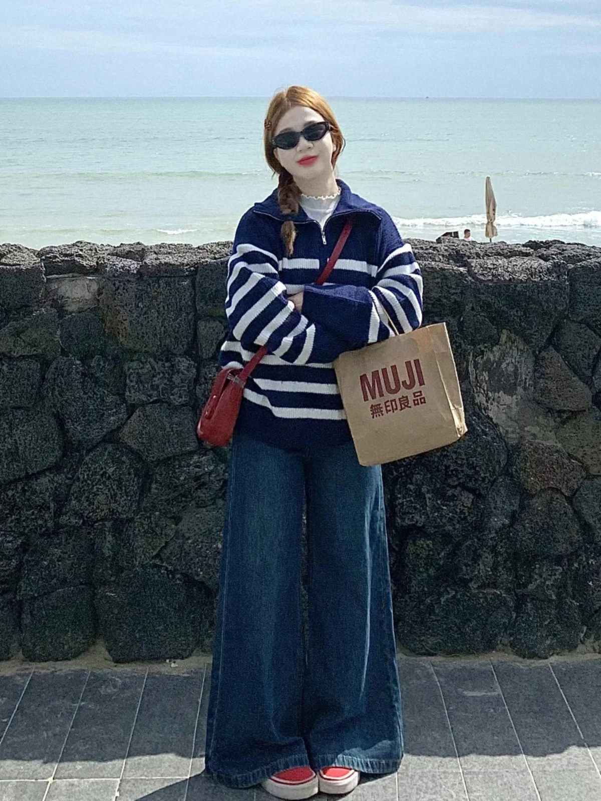 Американский пуловер на молнии с полуоткрытым воротником в полоску свитер 2024