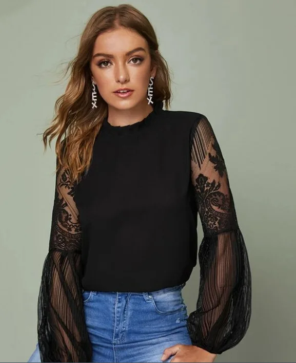 

Fashion Mesh Women Blouses Office Lady Shirt and Blouse Sexy Long Sleeve Embroidery Chiffon Blouse Loose Womens Tops
