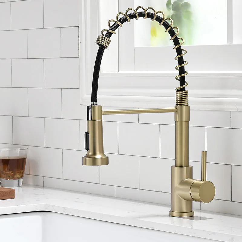 Brushed Gold Pull Down Kitchen Sink Faucet Brushed Gold Swivel Spout Kitchen Tap Hot And Cold Water Kitchen Mixer