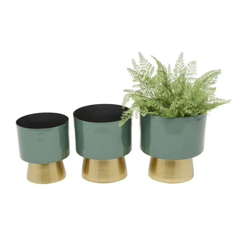 

11", 10", 9"H Green Metal Planter with Gold Base (3 Count) Multiple Flower Pot Holder Shelf