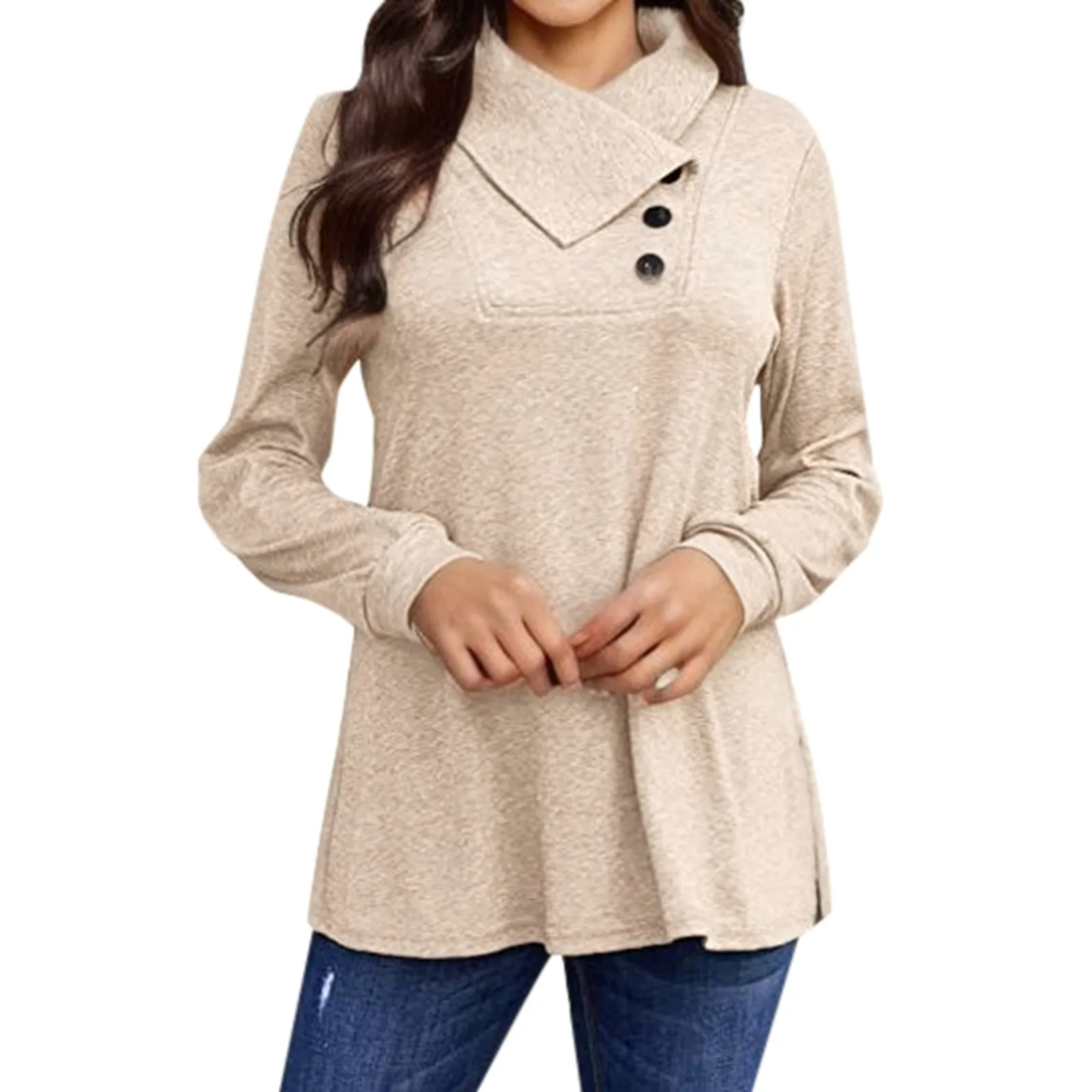

Women'S Cotton T-Shirts Buttoned Lapel Tee Tops Solid Color T-Shirt Long Sleeve T Shirt Casual Loose Tunic For Lady Fall Winter