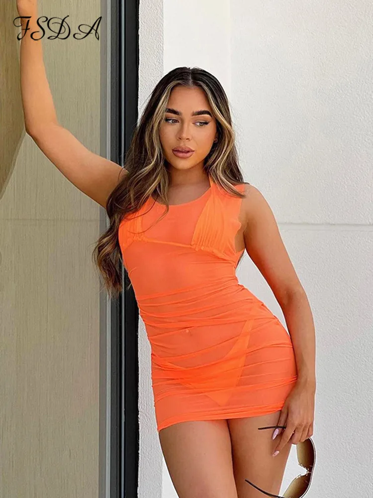 

FSDA Mini See Through Women Bodycon Dress Sexy Summer 2022 Y2K Beach Dresses Party Club Holiday Outfits Sleeveless