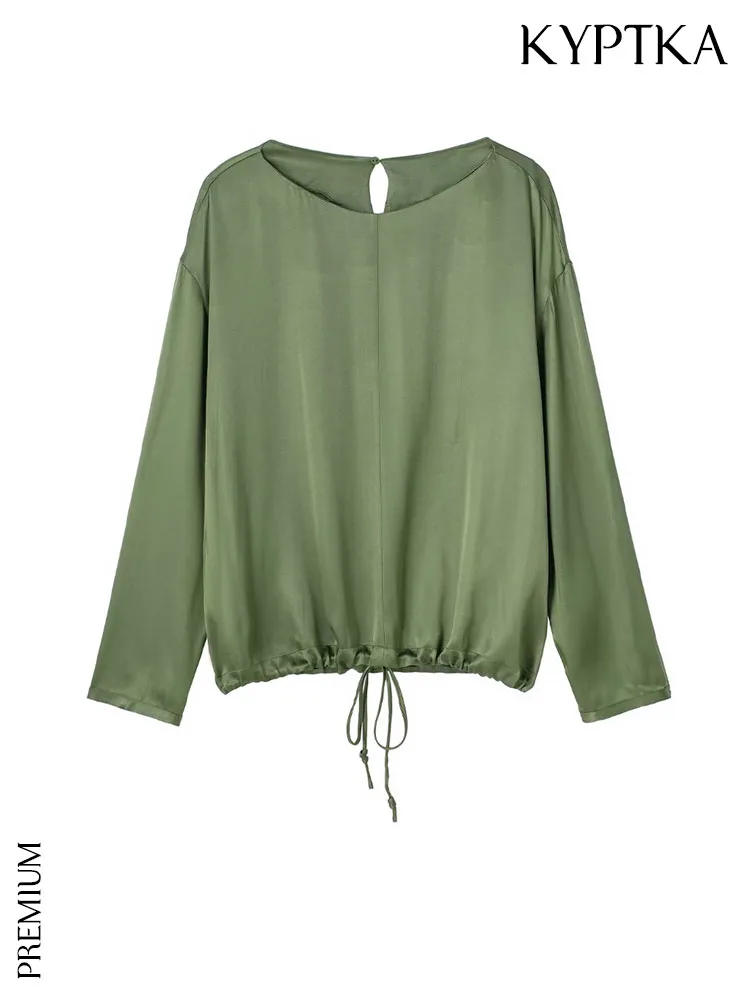 

KYPTKA Women Fashion With Tied Satin Oversized Blouses Vintage O Neck Long Sleeve Female Shirts Blusas Chic Tops