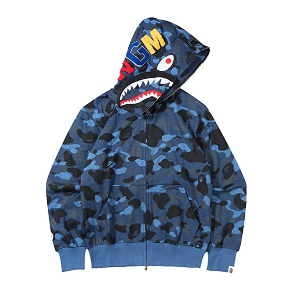 

Модные камуфляжные толстовки bape, Мужская Уличная одежда, тонкий кардиган с капюшоном и молнией в виде акулы, свитшот, одежда