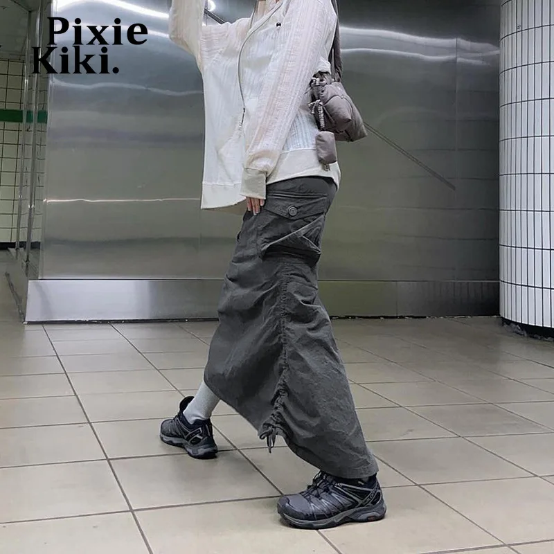 

PixieKiki Streetwear Drawstring Long Skirts for Women Y2k Clothes Fairy Grunge Vintage Cargo Black Maxi Skirt P77-DF25