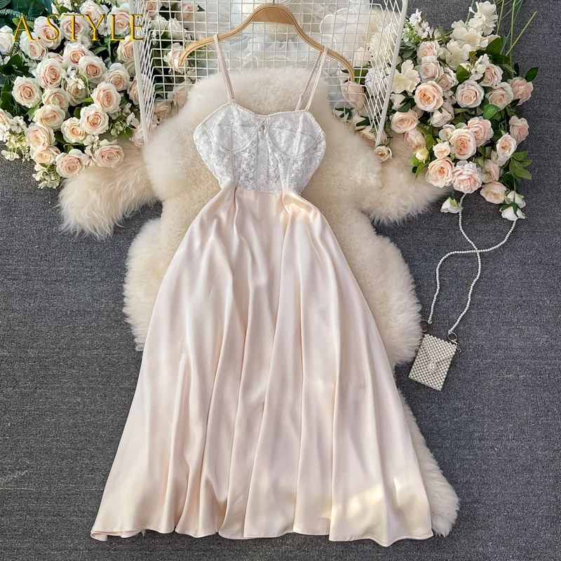 

A GIRLS Summer Dress New Fashion Satin Patchwork Lace Party Long Dresses For Women Sexy Holiday Beach Fairy Dress midi Robe