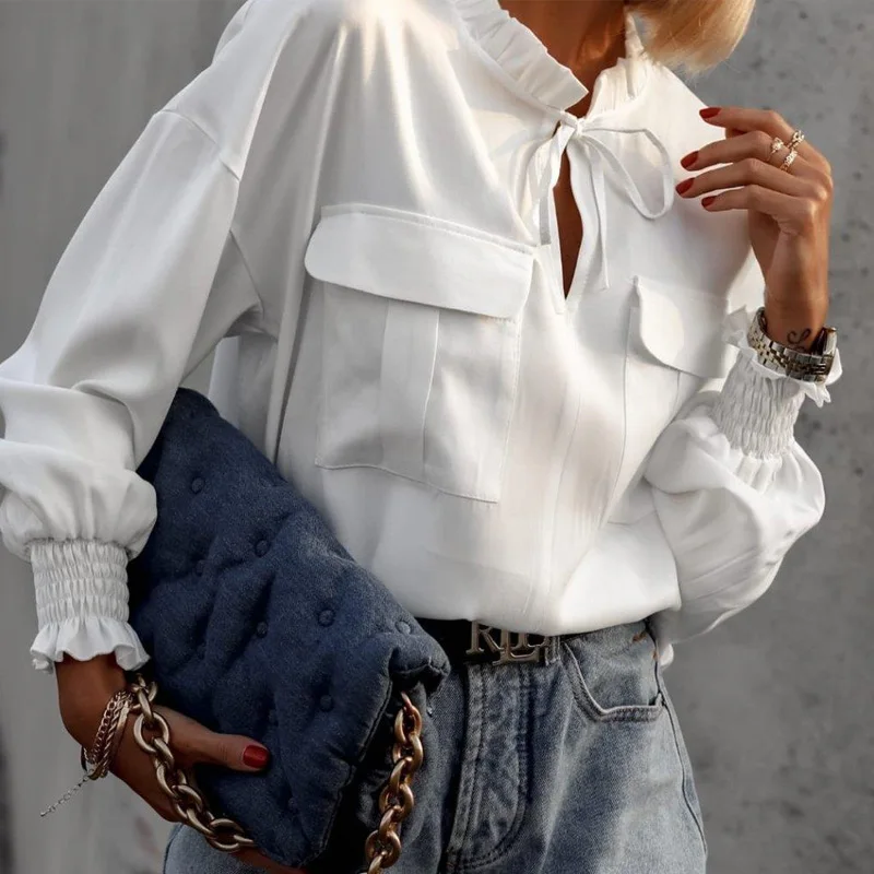 

Elegant Women Stand Collar Ruffle Blouse Chic Long Sleeve Solid Pullover Streetwear Fashion Autumn Tops Lady Office Shirts Blusa