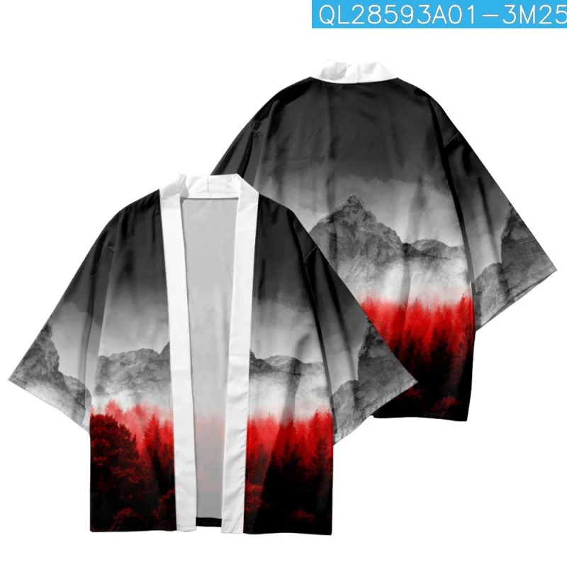 

Japanese Cardigan Cosplay Yukata Gradient Forest Mountains Printed Men Women Kimono Beach Shorts Clothing Harajuku Haori